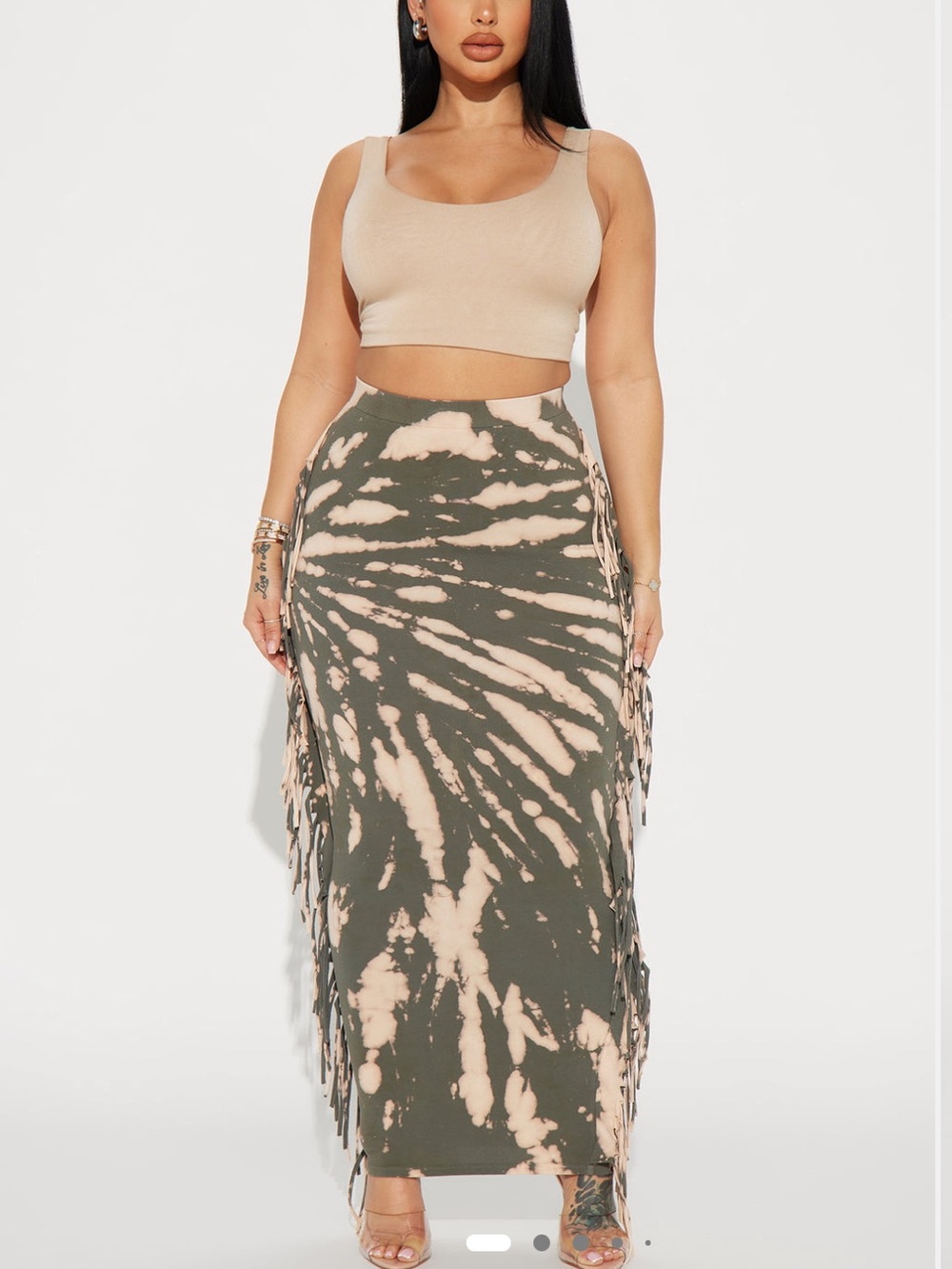 Tie-Dye Fringe Maxi Skirt - Olive & Beige